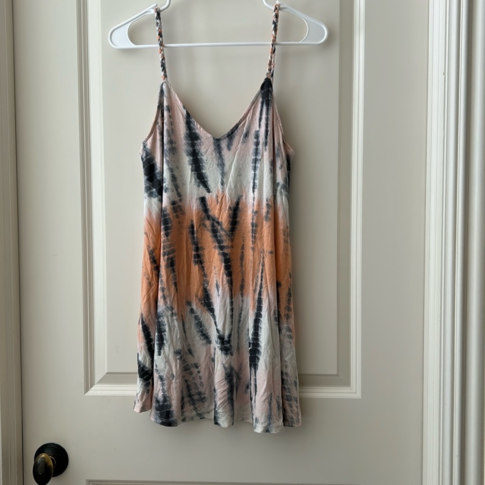 Audrey 3+1 women Tie Dye flowy mini dress braided straps size S orange grey